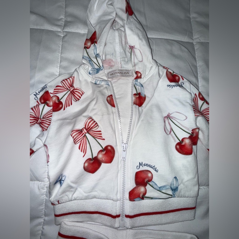 MonnaLisa White Cherry & Bow Hooded Zip Pajama Set - Picture 2 of 4